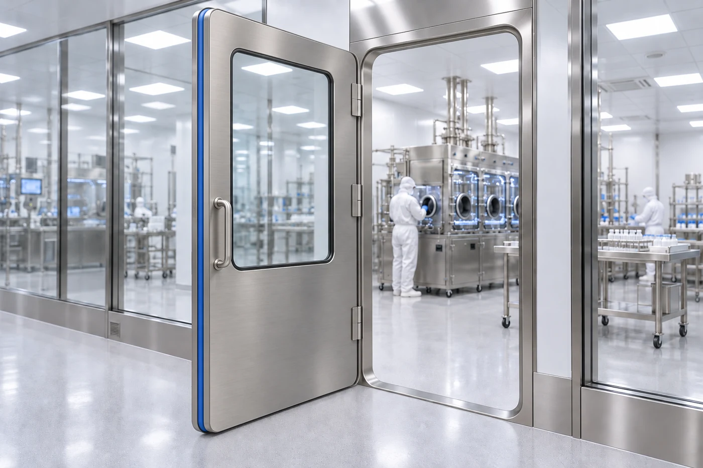 Perimeter loop centred on the thickness edge of the stainless steel door leaf