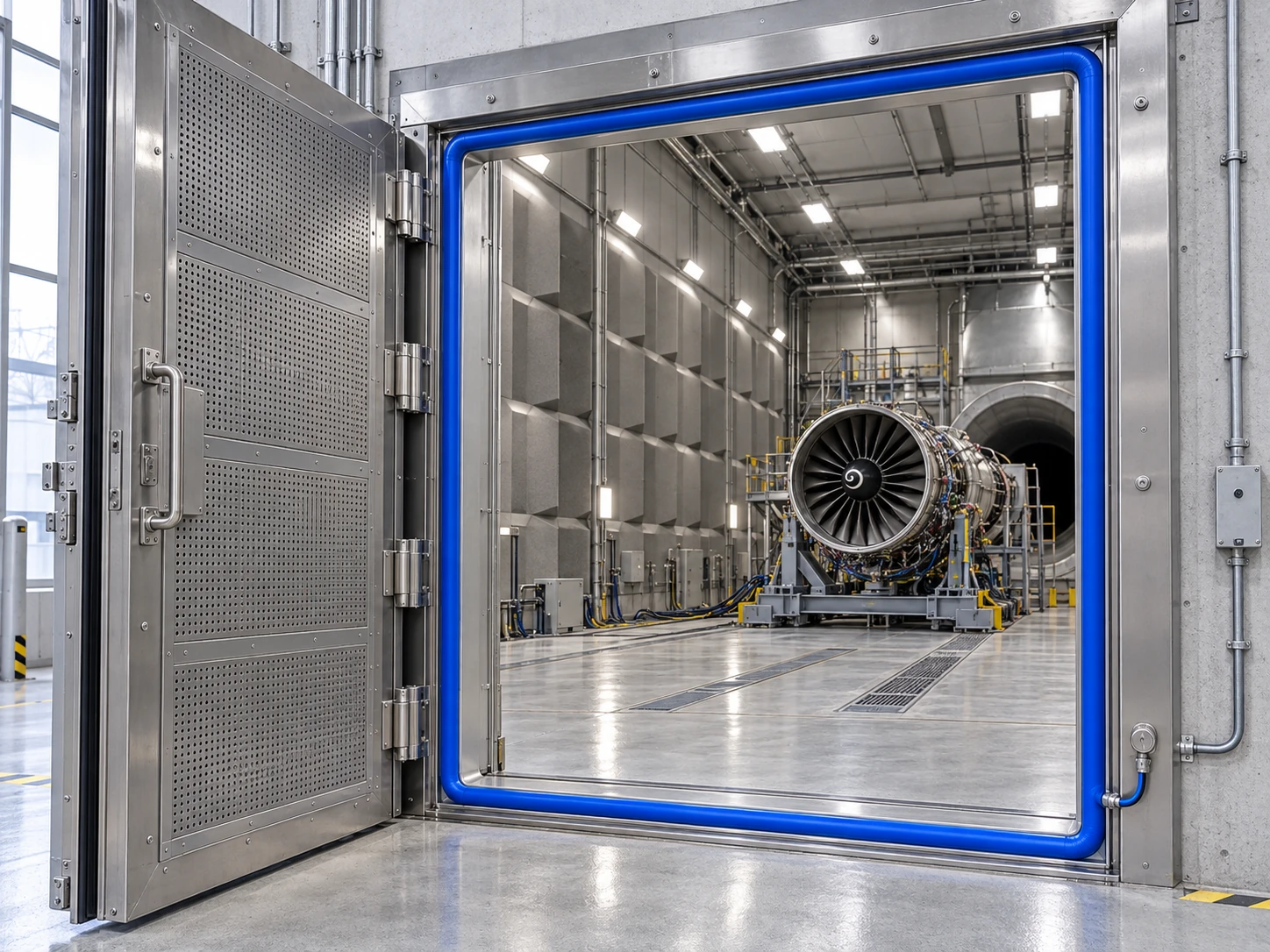 Blue inflatable silicone seal around the open access door of a ground test cell containing a jet engine.