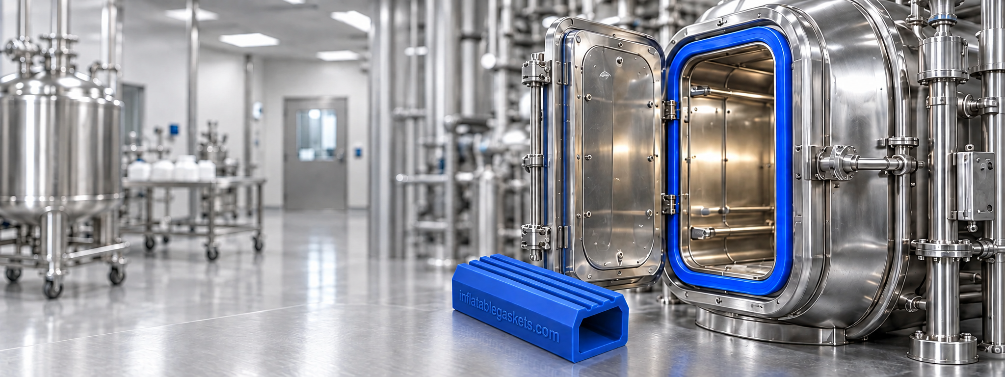 Stainless steel process equipment with a blue silicone door seal and an SC17A seal profile in the foreground.