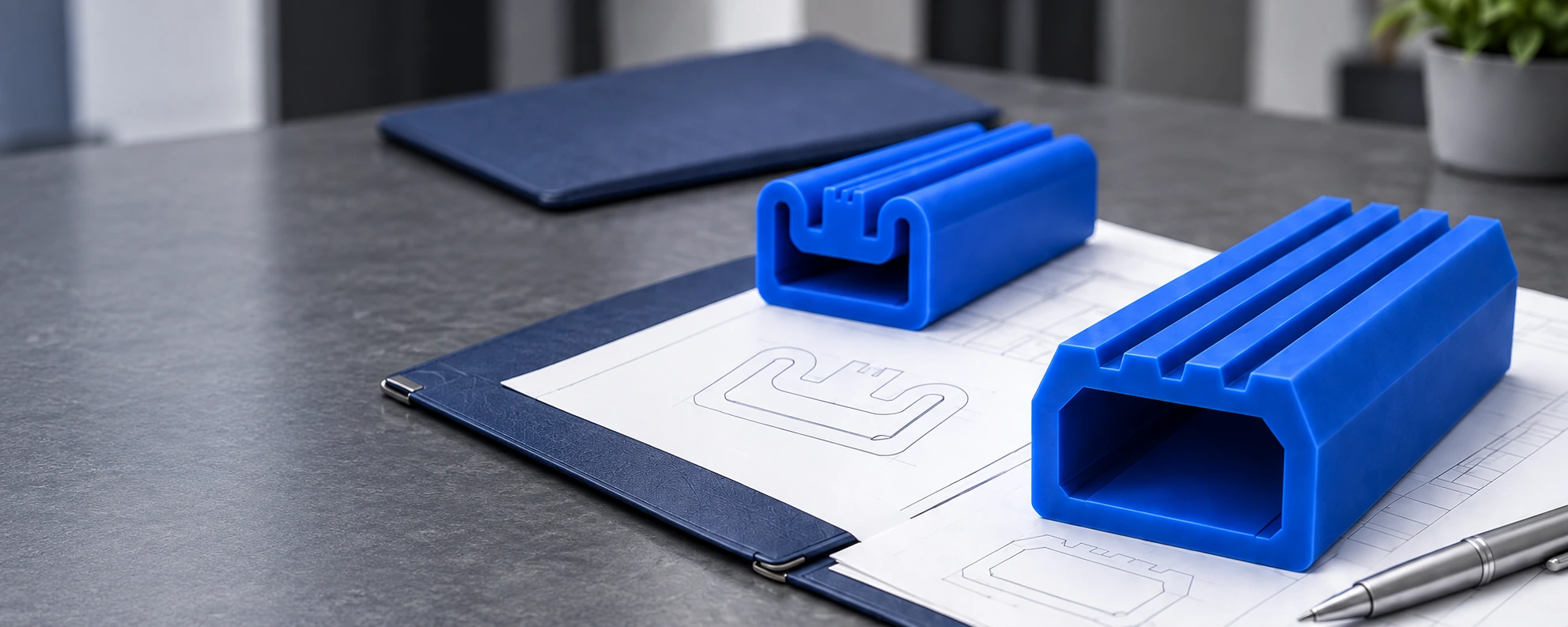 Blue SC17A and SC95A silicone seal profiles on technical drawings, with a metal pen on the workbench.