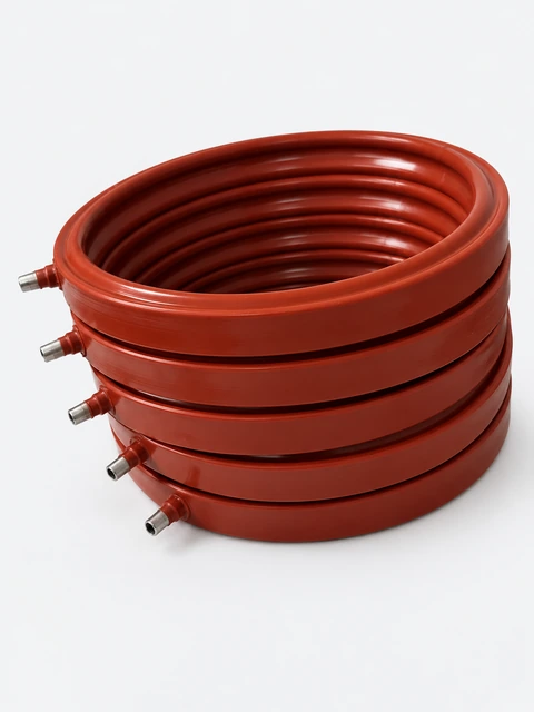 Five red inflatable ring seals stacked with their metal air connections visible.