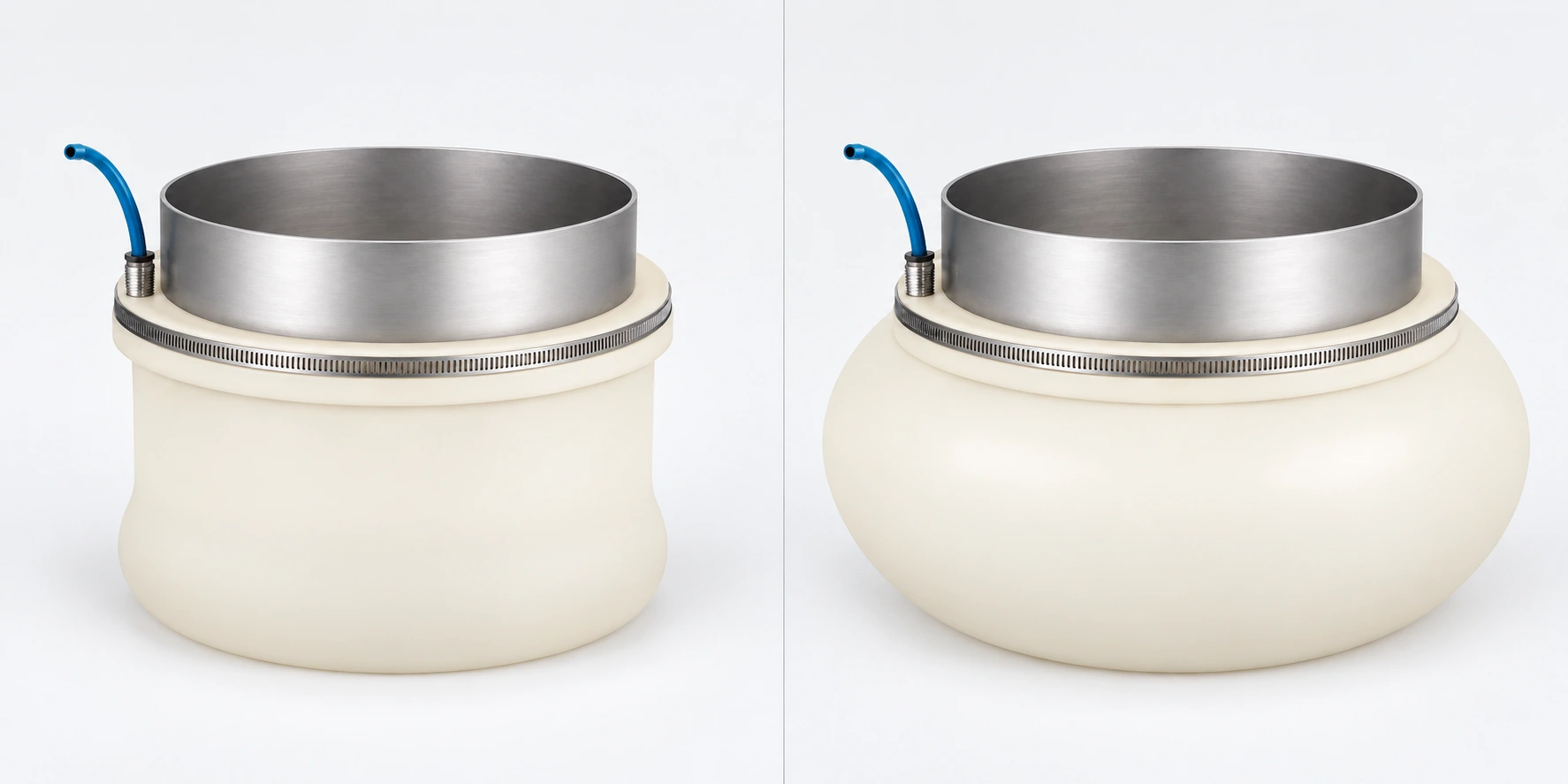 Left: deflated. Right: expanded with air. Mounting diameter, retaining band and air inlet stay the same; the flexible body expands outwards.