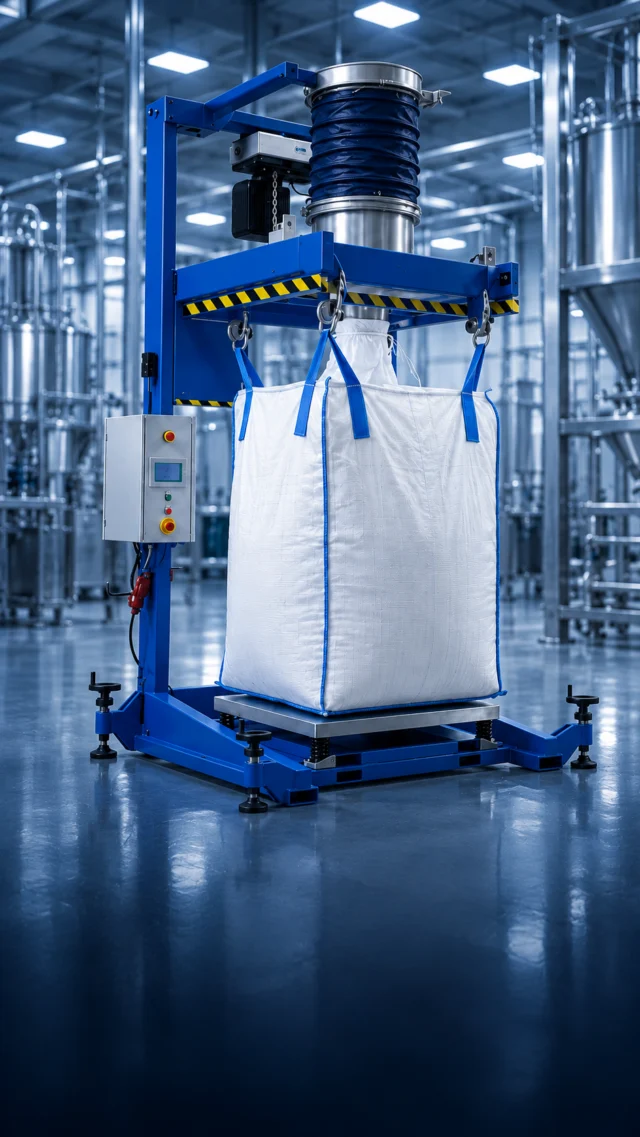 Big bag filling station with the bag filling neck connected to an inflatable sleeve.